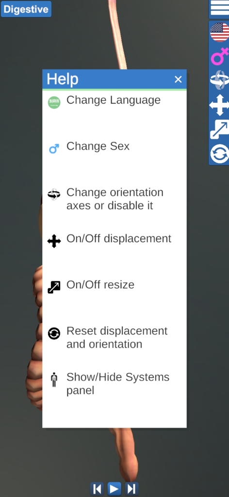 Educational Anatomy 3D - Help menu screen showing control options and navigation instructions in the Educational Anatomy 3D app