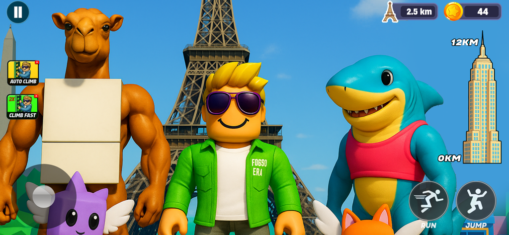 Crazy Jump Tower Obby - A blocky character with sunglasses standing between a muscular camel and a shark character in front of the Eiffel Tower.
