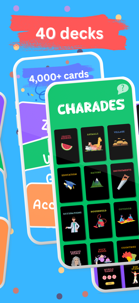 Charades: Guess the Word Game - A mobile interface showing 40 themed word decks for a charades game including animals, nature, and occupations.