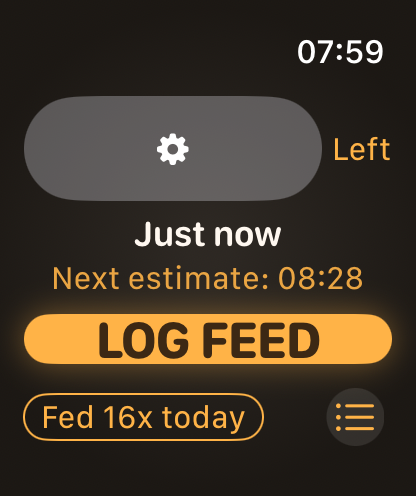 FeedLog — Baby Feed Tracker - FeedLog Apple Watch app interface showing the log feed button and time since last session