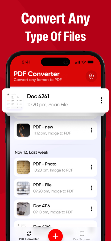 PDF Converter & Scan Editor - Interfaz de la aplicación móvil PDF Converter que muestra una lista de documentos escaneados y convertidos con el titular Convierte Cualquier Tipo de Archivo.