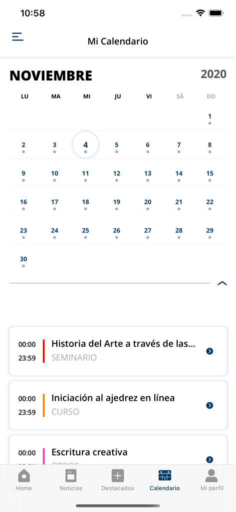 Interface do aplicativo móvel UJI mostrando o calendário acadêmico com seminários e cursos universitários agendados.