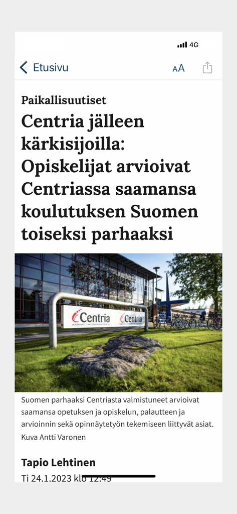 Keskipohjanmaa app interface showing a local news article about Centria University with a photo of the campus