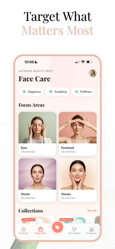 GlowLift: Face Yoga & Skincare - GlowLift app screen showing face yoga exercise categories for eyes forehead mouth and cheeks