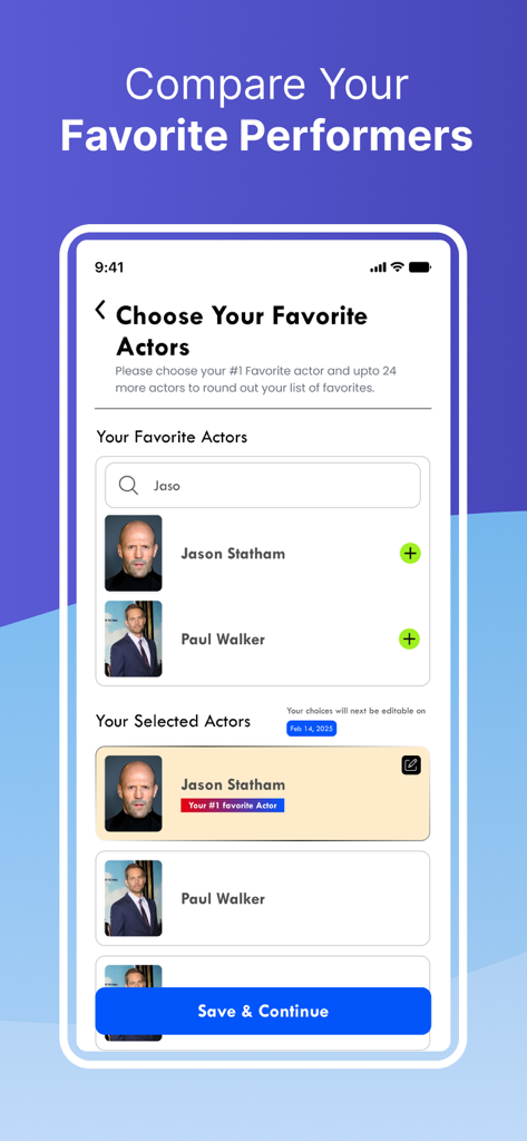 CineConnections - CineConnections app screen allowing users to select their favorite movie actors to improve matching with other film enthusiasts.