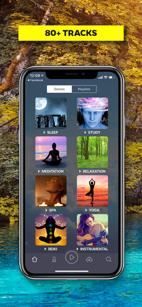 Yellow Brick Cinema - A smartphone showing the Yellow Brick Cinema app interface with music categories like Sleep Study Meditation and Relaxation