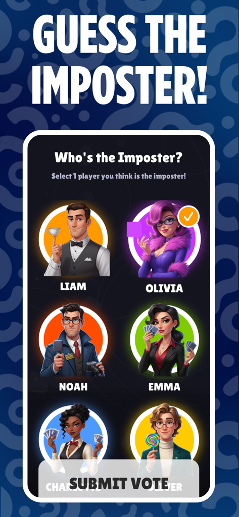 A mobile game voting screen with the text Guess The Imposter showing character avatars like Liam, Olivia, and Noah.