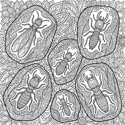 Explore the fascinating world of prehistoric insects with this intricate Amber Termites Zentangle coloring page. Each fossilized termite and its amber casing is adorned with detailed, meditative patterns, inviting you to a unique coloring experience.