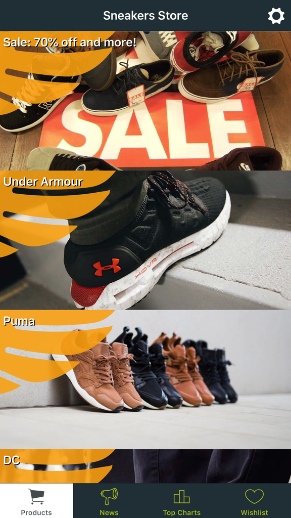 Sneakers Store - Pantalla de inicio de la app Sneakers Store mostrando descuentos del setenta por ciento y marcas de zapatos como Under Armour y Puma