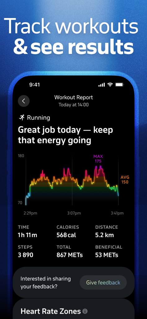 Welltory app workout report showing running statistics including heart rate graph and calories burned