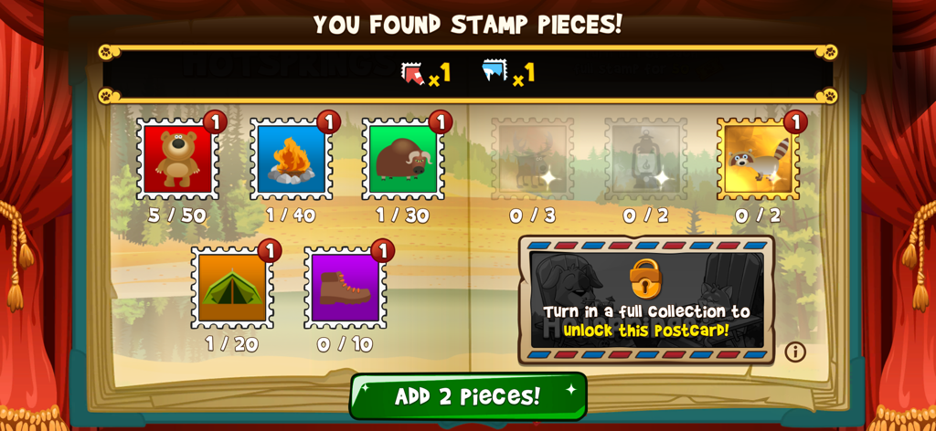 Stamp collection progress screen showing found pieces and rewards in Abradoodle Bingo