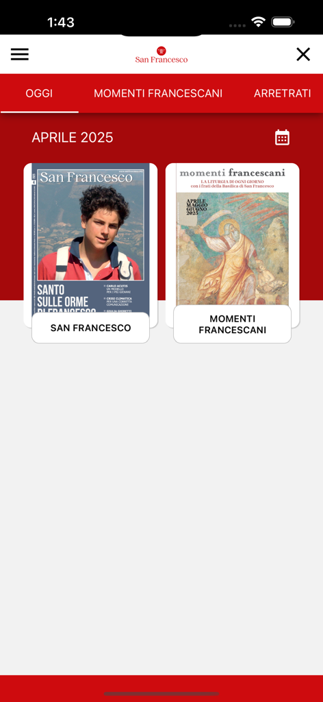 San Francesco Digitale - San Francesco Digitale app interface displaying April 2025 magazine covers for San Francesco and Momenti Francescani