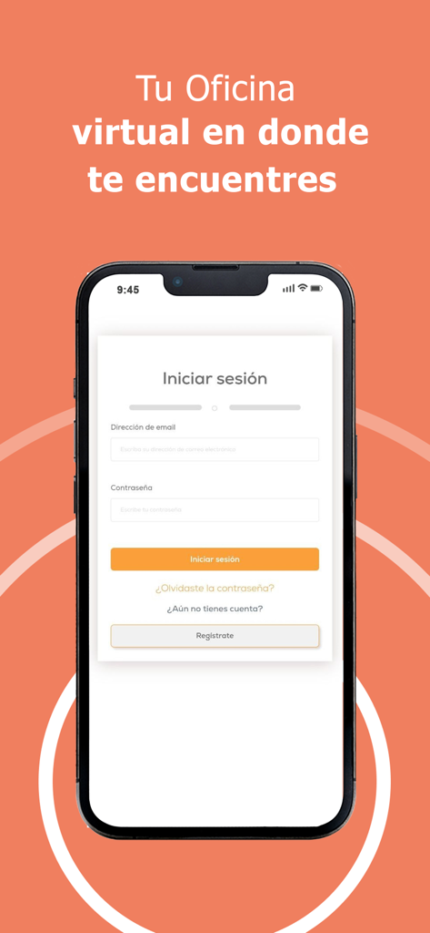 TecnoNet - TecnoNet app login screen displaying the virtual office message in Spanish