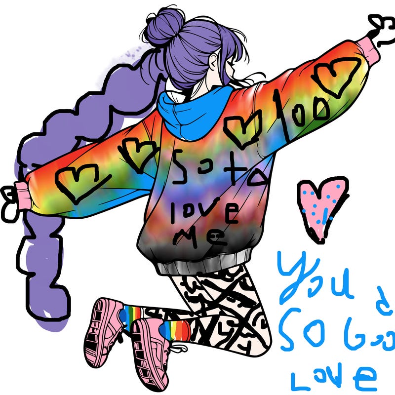 realistic girl jumping with a bun and oversized sweatshirt