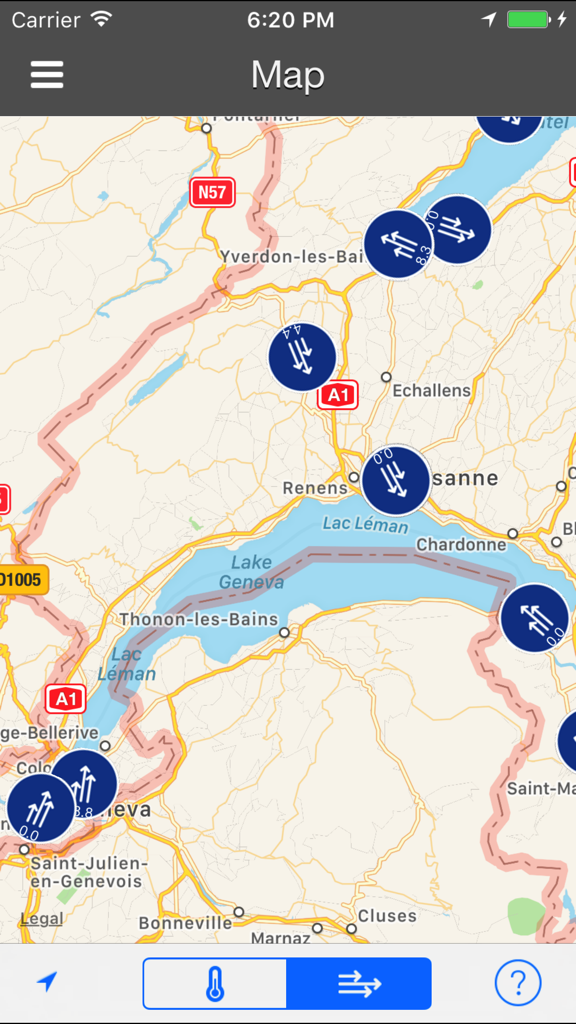 Windooアプリの地図インターフェースに風速と風向のアイコンが表示されている