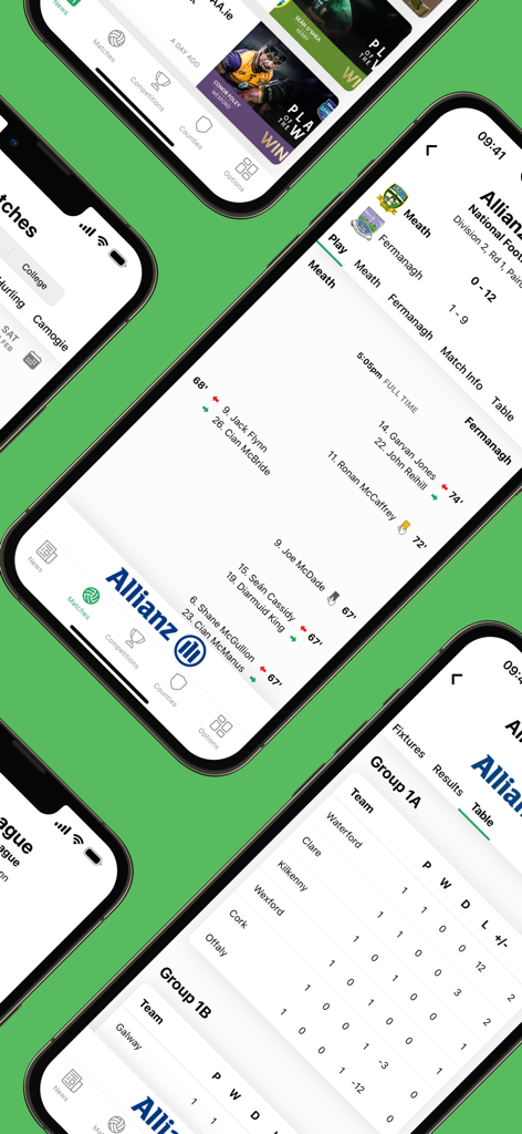 Score Beo - Score BeoアプリのインターフェースにGAAのライブ試合スコア、チームラインナップ、リーグ順位が表示されています