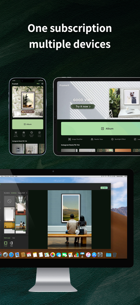 iPhone、iPad、Macデスクトップに表示されたFrameitアートフレーミングアプリのインターフェース。マルチデバイス互換性を証明。