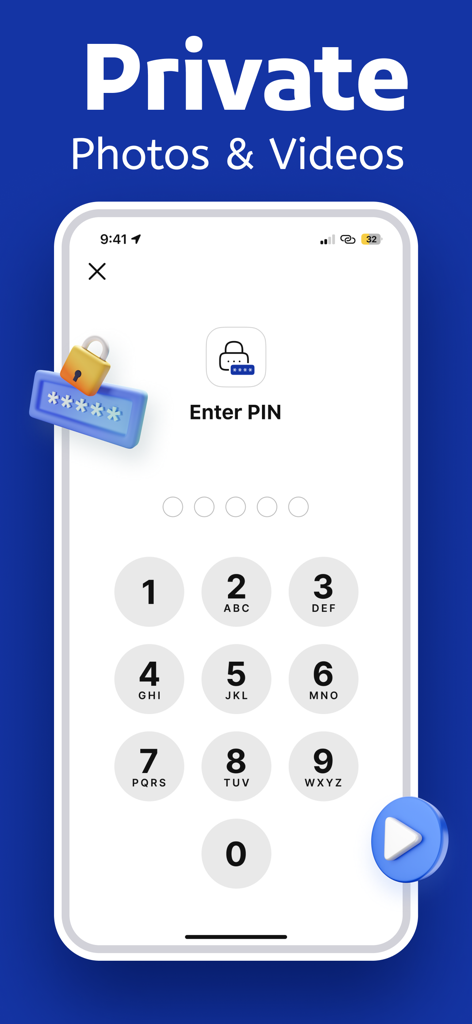 Ai Cleaner Pro Cleanup Storage - Pantalla de iPhone mostrando un teclado numérico para introducir un PIN para la bóveda de fotos y videos privados