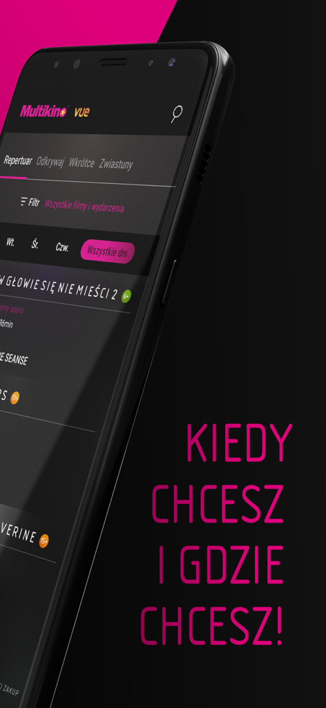 Multikino VUE app screen showing movie listings on a smartphone