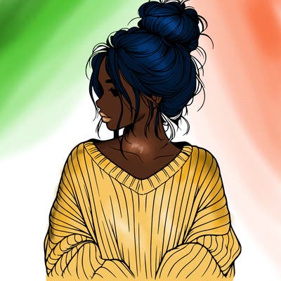 realistic girl wearing a messy bun and an oversized sweater