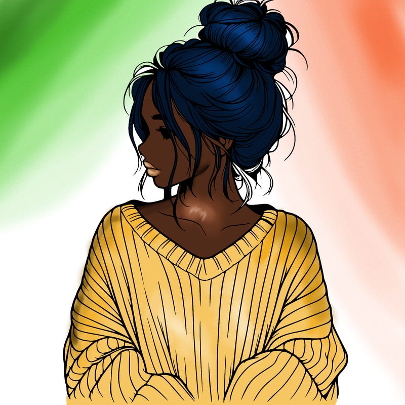 realistic girl wearing a messy bun and an oversized sweater