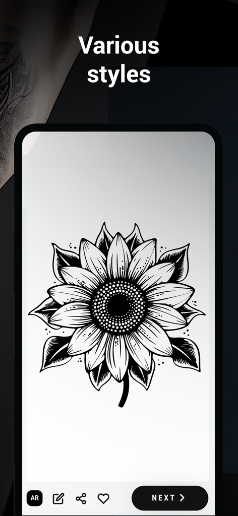 Sunflower tattoo design displayed on a smartphone screen under the heading various styles