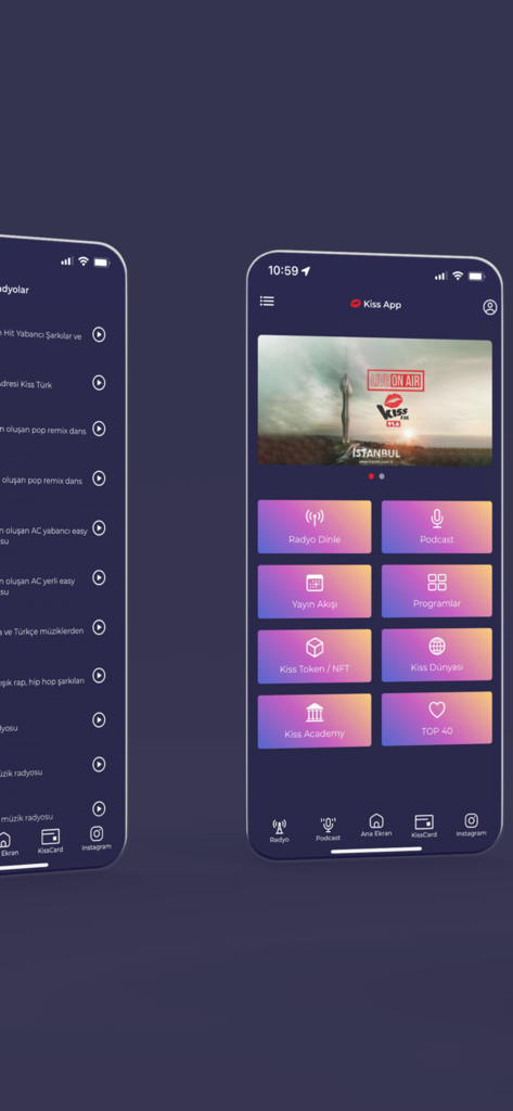 Kiss App - Kiss App mobile interface displaying home screen buttons for radio, podcasts, Web3 tokens, and music academy features.
