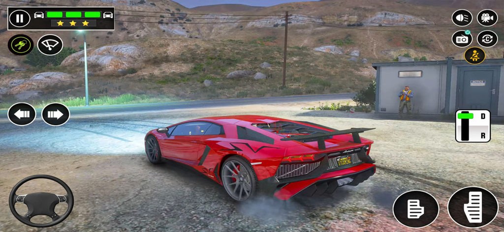 A red sports car in a 3D driving school simulator with on-screen game controls