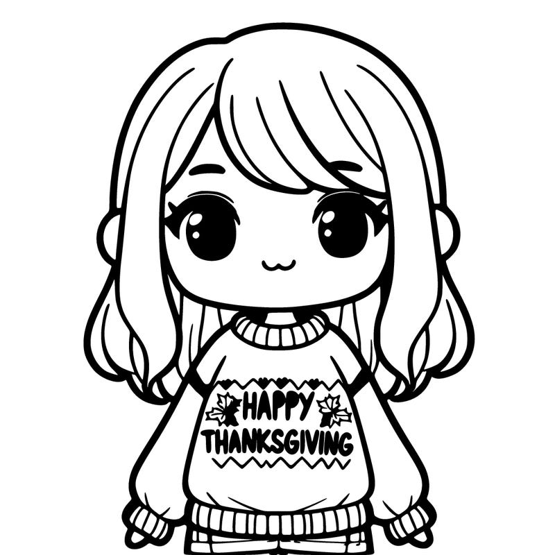 a girl that has a sweater that says happy thanksgiving