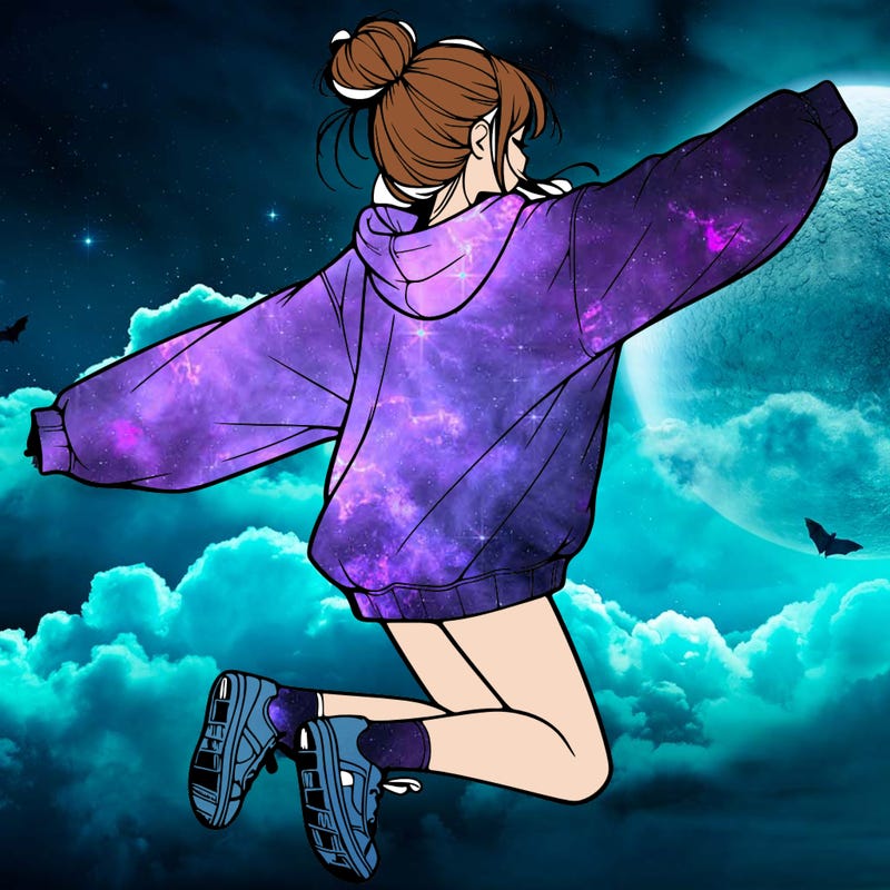 realistic girl jumping with a bun and oversized sweatshirt