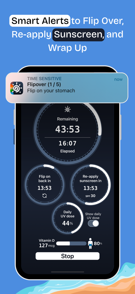 Sola app screen showing timers for sun exposure flip alerts and sunscreen reapplication