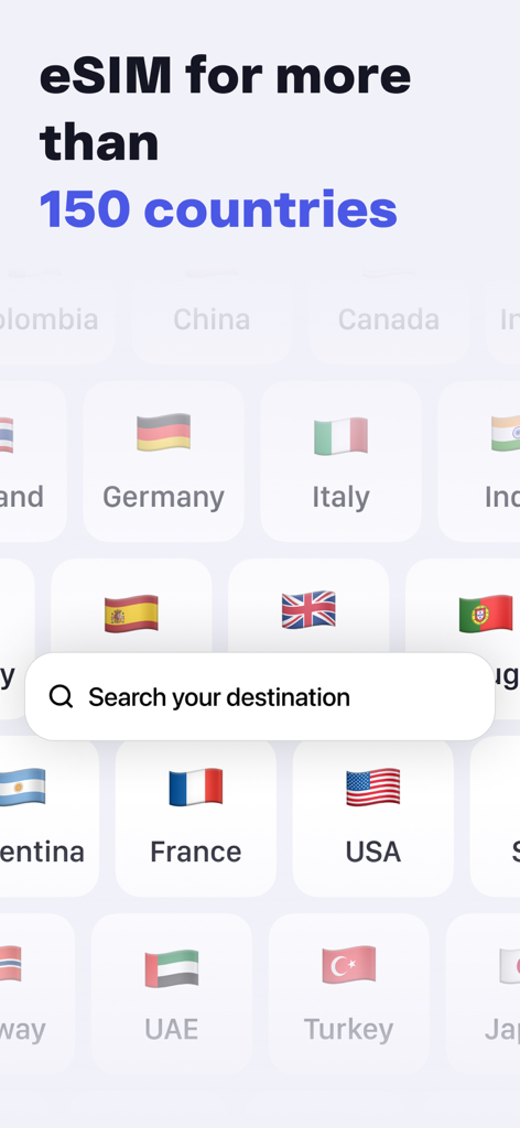 SimHub: eSIM Travel Data - Interfaccia dell'app SimHub che mostra la copertura eSIM per più di 150 paesi con una barra di ricerca delle destinazioni