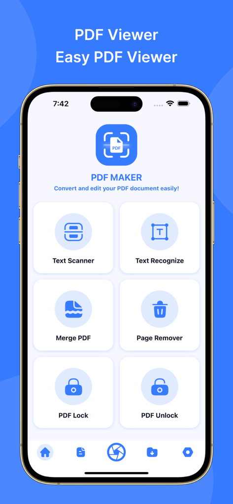PDF Viewer: Easy PDF Viewer - The home screen of the PDF Viewer app showing utility icons for text scanning, merging, and locking PDF documents