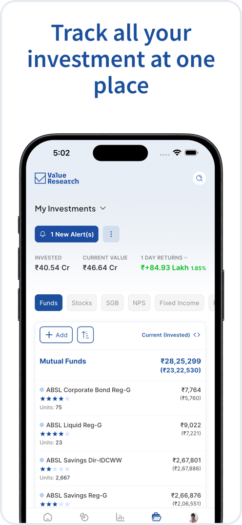 Dashboard dell'app Value Research che mostra un portafoglio di investimenti di fondi comuni indiani, azioni e NPS con valori e rendimenti attuali