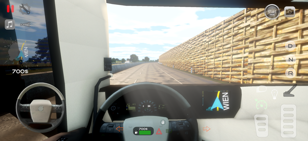 Real Truck Simulator Europe 3D - Ego-Cockpit-Ansicht eines LKWs, der auf einer Autobahn in Richtung Wien fährt, in Real Truck Simulator Europe 3D