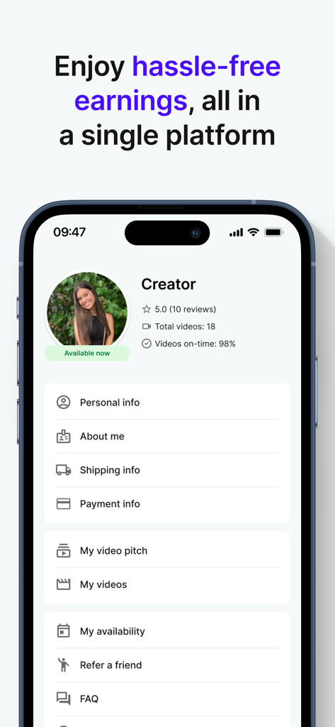 Pantalla de perfil de la app Billo Creator mostrando la configuración de la cuenta y las opciones de gestión de vídeos.