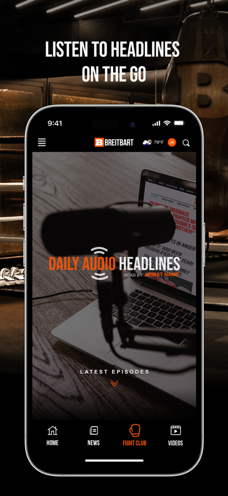 Breitbart - Breitbart News app interface showing the daily audio headlines feature for listening to news on the go
