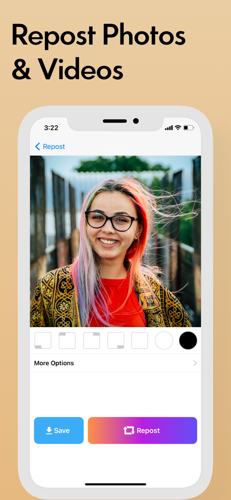 Instant Save 앱 인터페이스, 사진 및 동영상 다시 게시 및 저장 옵션 표시