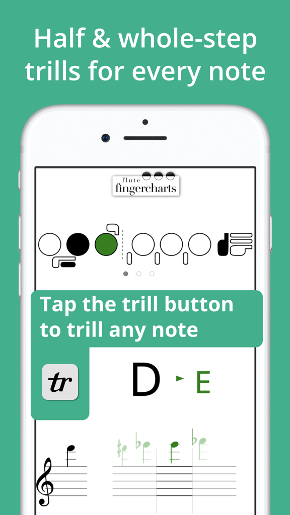 Fingercharts - フルート Fingercharts アプリがスマートフォン画面で半音および全音トリルの指孔を表示