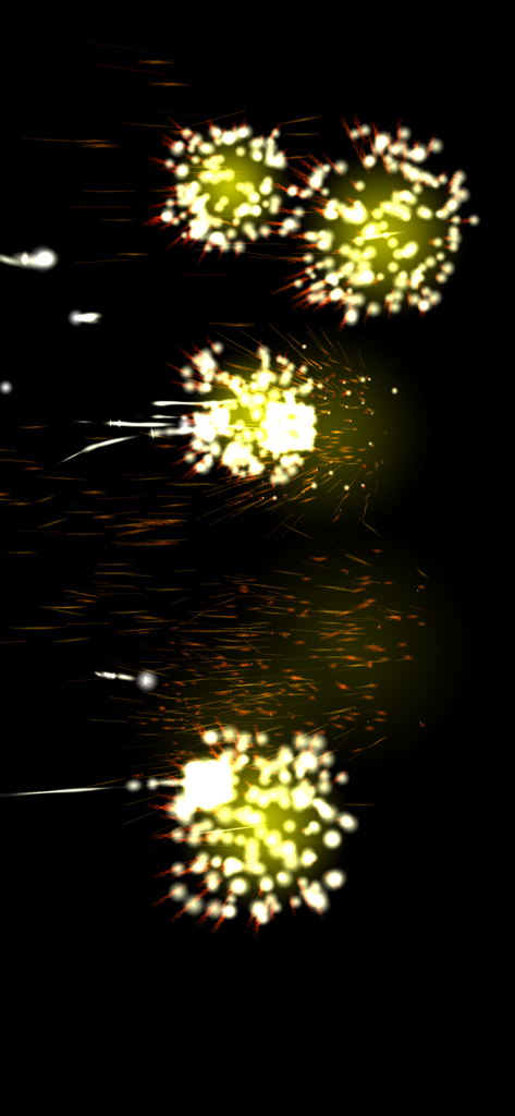A digital simulation of yellow fireworks exploding on a black background.