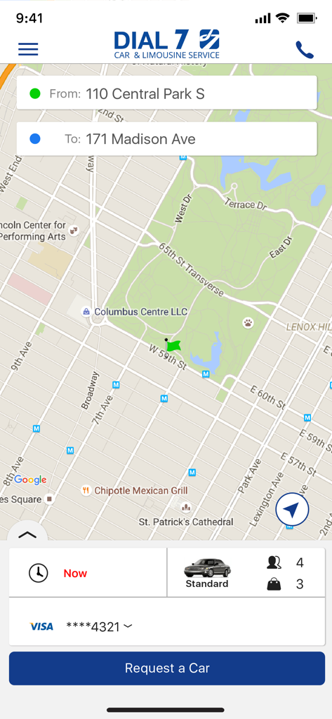 Dial 7 app screen showing a ride request with pickup and destination in Manhattan