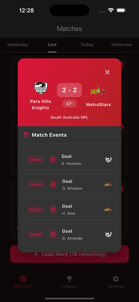A mobile screen showing live football match events with scores and goal timestamps on Ostora TV app.