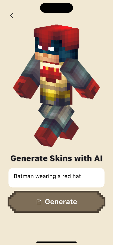 Interface of an AI tool generating a custom Batman Minecraft skin from a text prompt