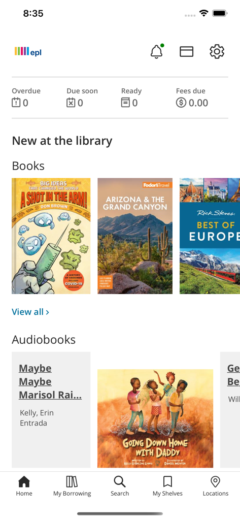 Edmonton Public Library - Edmonton Public Library app home screen displaying account summary and new book arrivals.