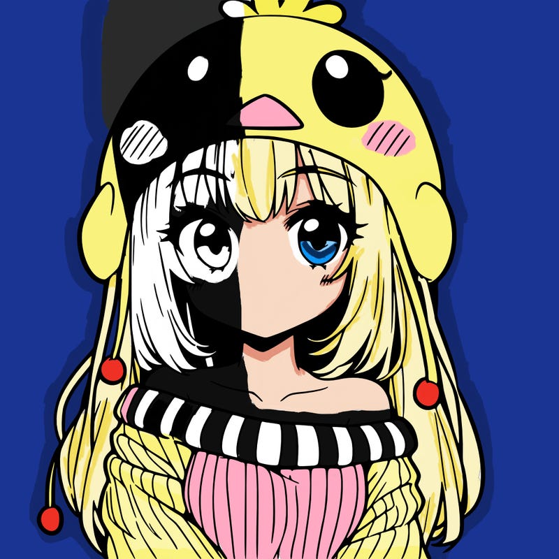 anime girl with chick shaped hat with sweater with bare shoulders with bangs covering them one eye with low tail