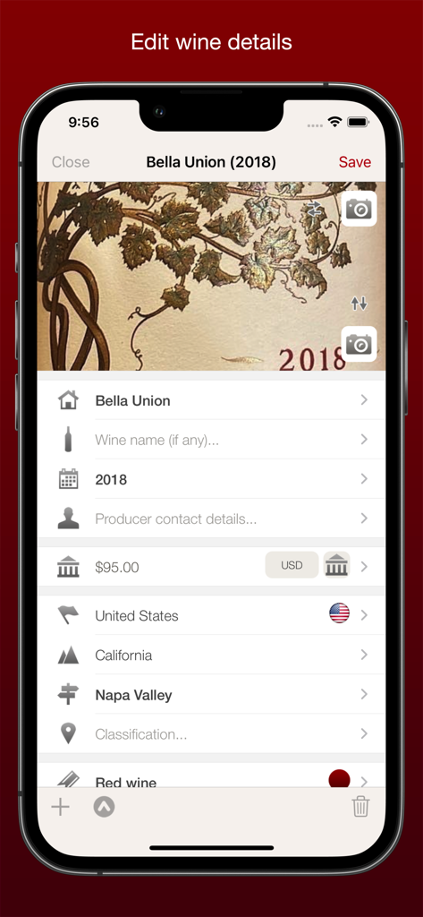 VinoCell app interface for editing wine information including label and price