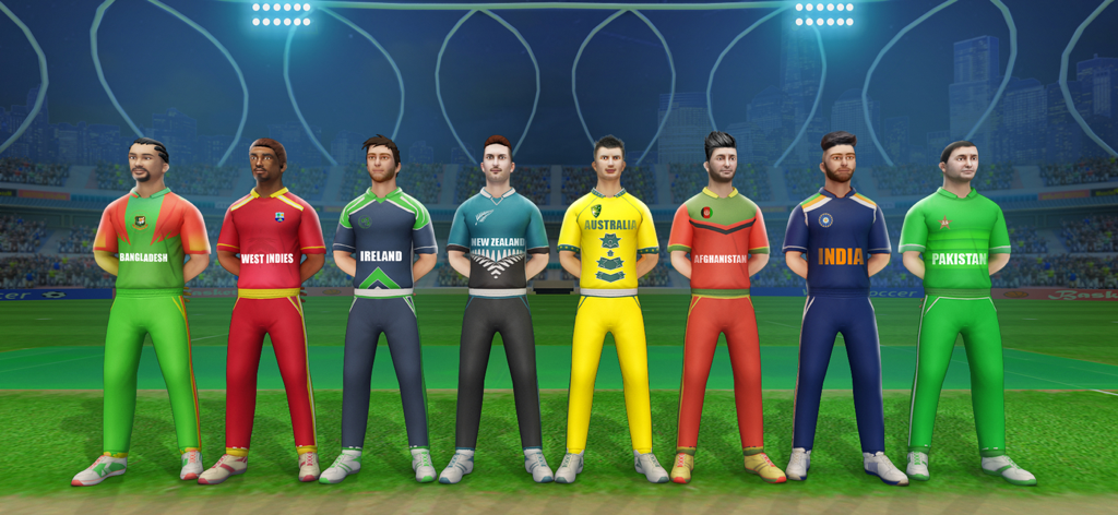 A lineup of international cricket players in their national jerseys inside a stadium