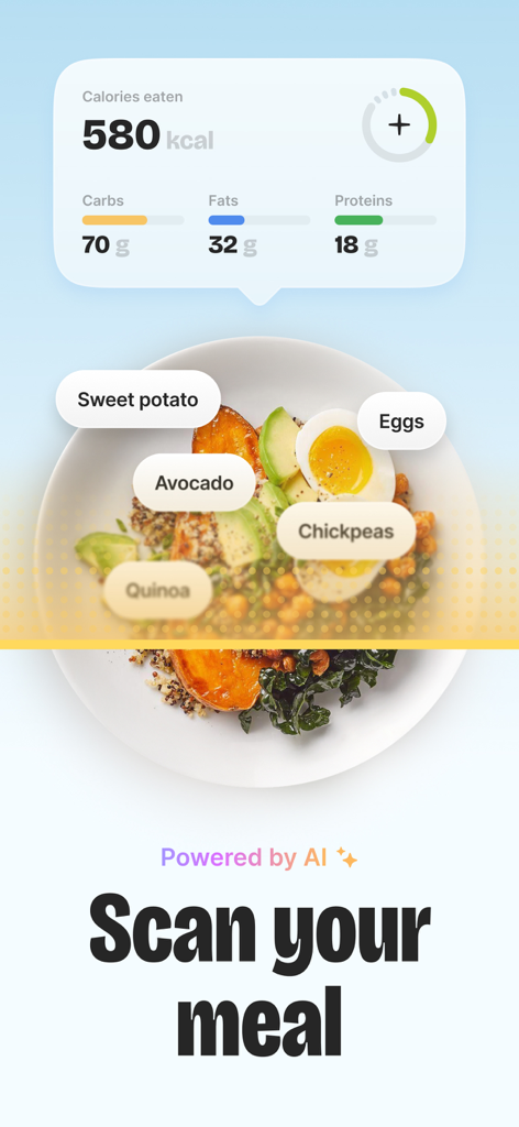 BitePal: Food Tracker Pet - BitePal app interface showing AI meal scanning with calorie and macronutrient tracking.