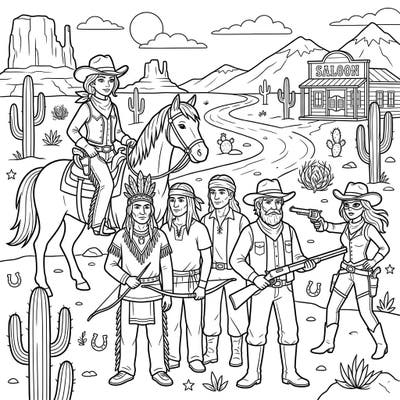 Embark on an exciting journey through the American frontier with this dynamic coloring page featuring a diverse cast of Wild West characters. From brave cowboys and cowgirls to proud Native Americans, this scene captures the spirit of the old West ready for your creative touch.
