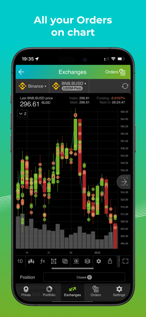 Good Crypto: Exchange Manager - App Good Crypto che mostra ordini di trading di criptovalute su un grafico a candele